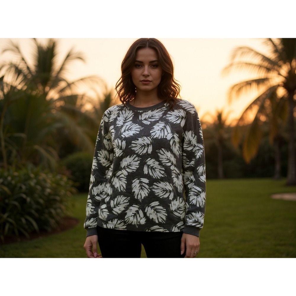 J.Jill Leaf Print Knit Sweater‎ Women Gray Long Sleeve Casual Top linen blend